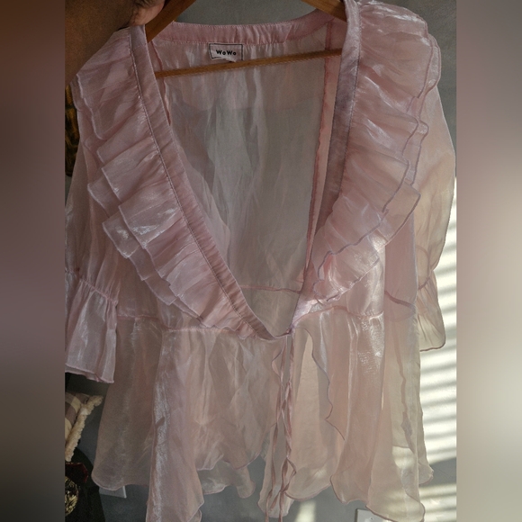 Baby Pink Organza Mesh Sheer Ruffled Mini Dress Top Sz 2X Wo Wo Wrap - Picture 12 of 16